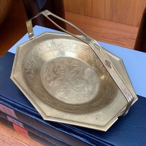 Vintage Brass Etched Tray Engraved Trinket Dish Jewelry Keys Coins Treasures